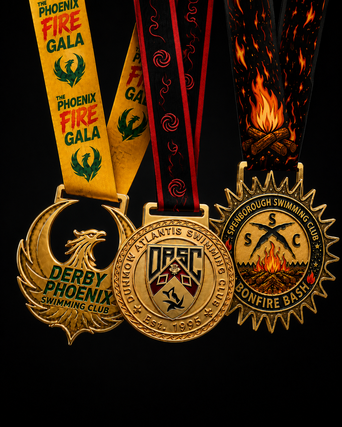 Three bespoke GoPodium swimming club medals in gold with fully printed custom ribbons